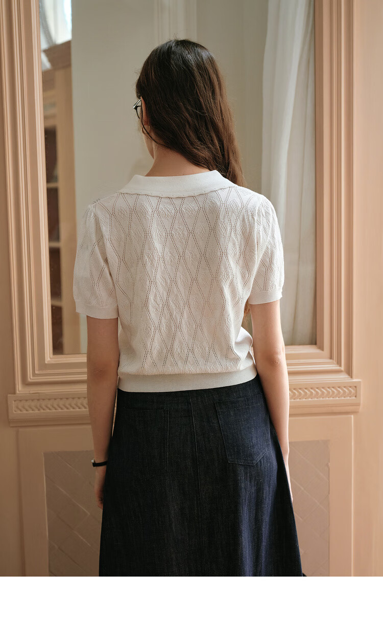 Olrain White French Style Hollow Knit Pullover Women's Summer Tweed Top White S 15