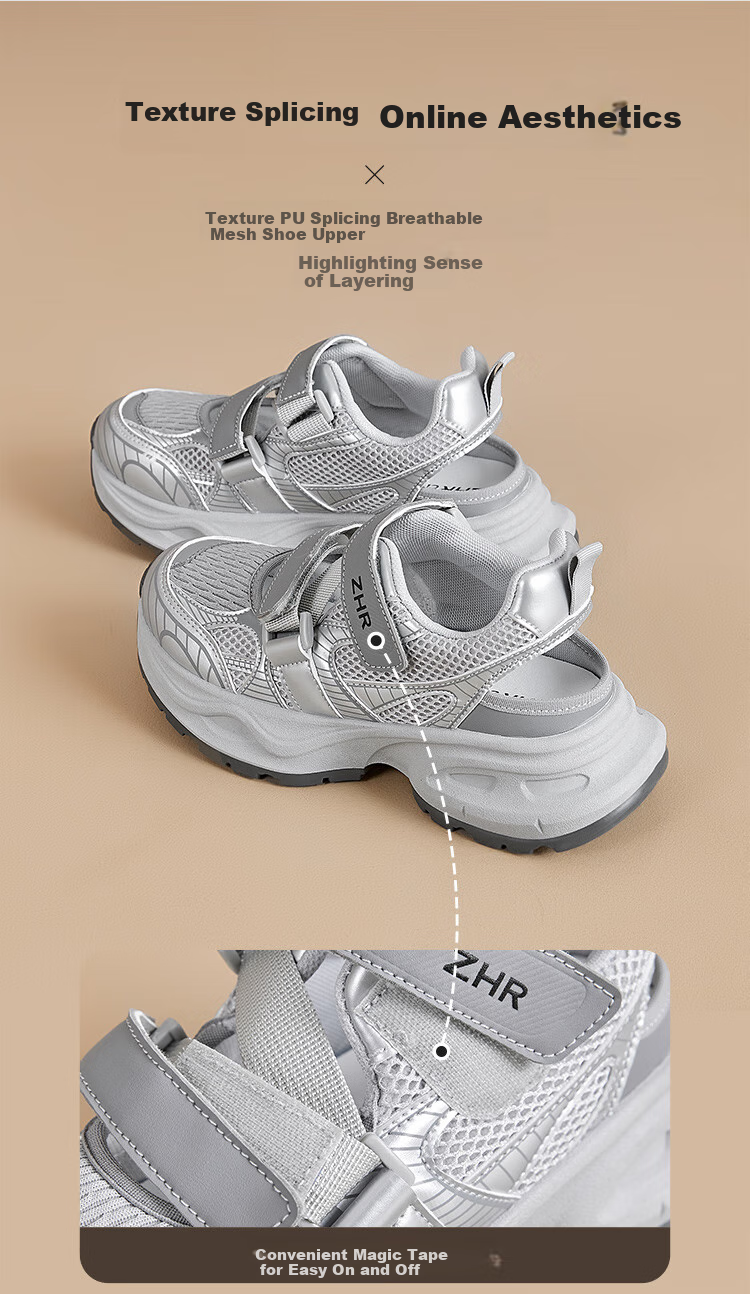 ZHR Hollow Dad Shoes for Women, Summer Breathable Fashionable Women's Shoes, Casual Thick-Soled Shock-Absorbing Sneakers for Women, IF17 Silver Color Size 36 5