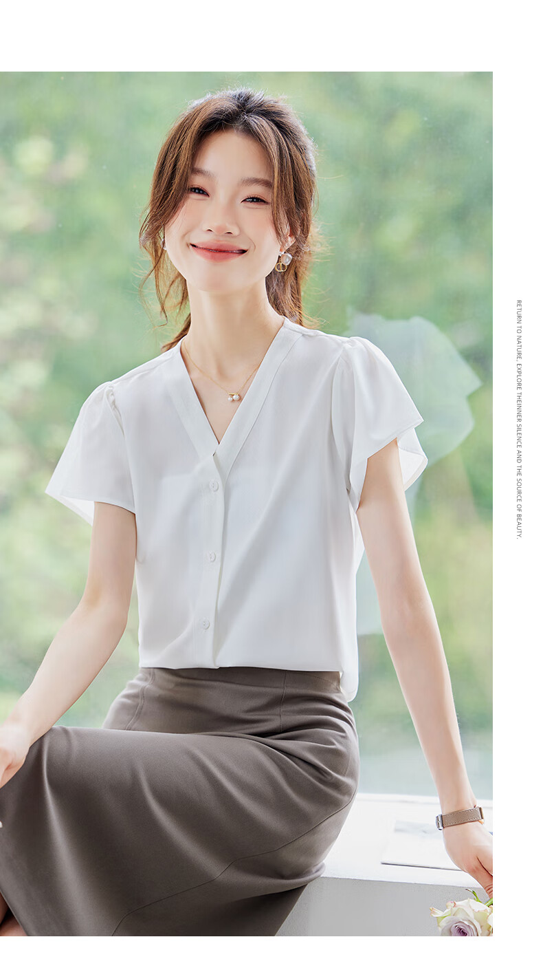 Jeanswest Women's Shirt 2026 Summer Short Sleeve Elegant Versatile Fashion V-Neck Solid Color Top Blue L 8