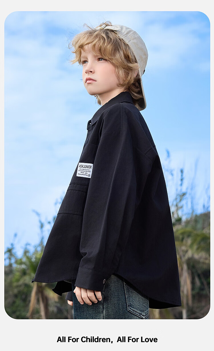 ASK JUNIOR Pure Cotton Children's Shirt 2026 Spring Lapel Long Sleeve Boys Shirt Jacket for Older Kids and Teens 6