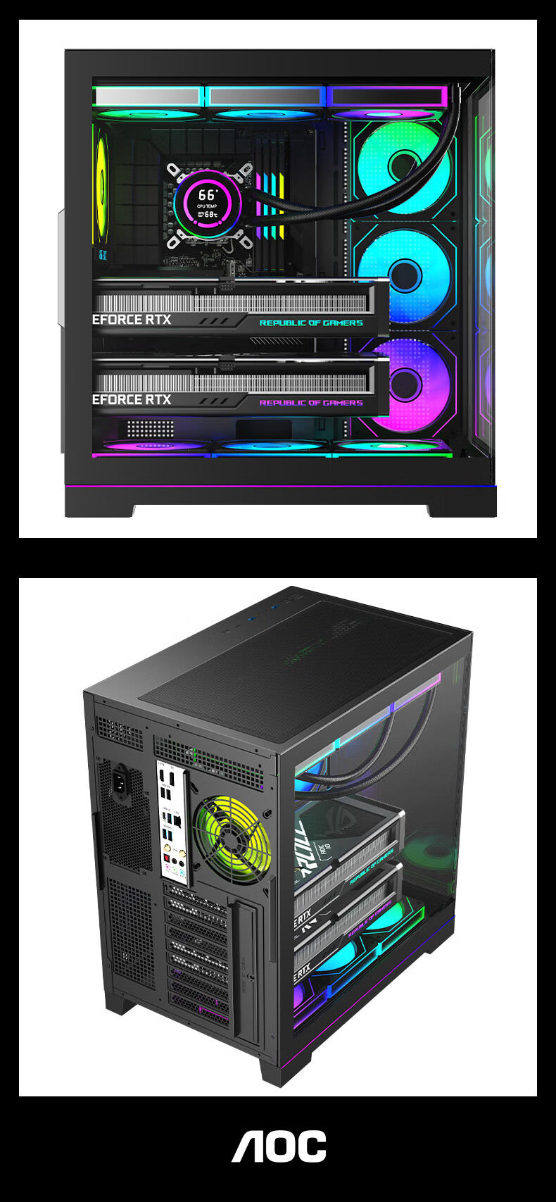 AOC AIC ACG801B Black Ultra-Competitive Full Tower Panoramic Case, ARGB Lighting Strip, Supports ATX Motherboard, Graphics Card Limited to 410mm, Compatible with 360mm Water Cooling, Left And Right Compartments, 10 Fan Positions 3
