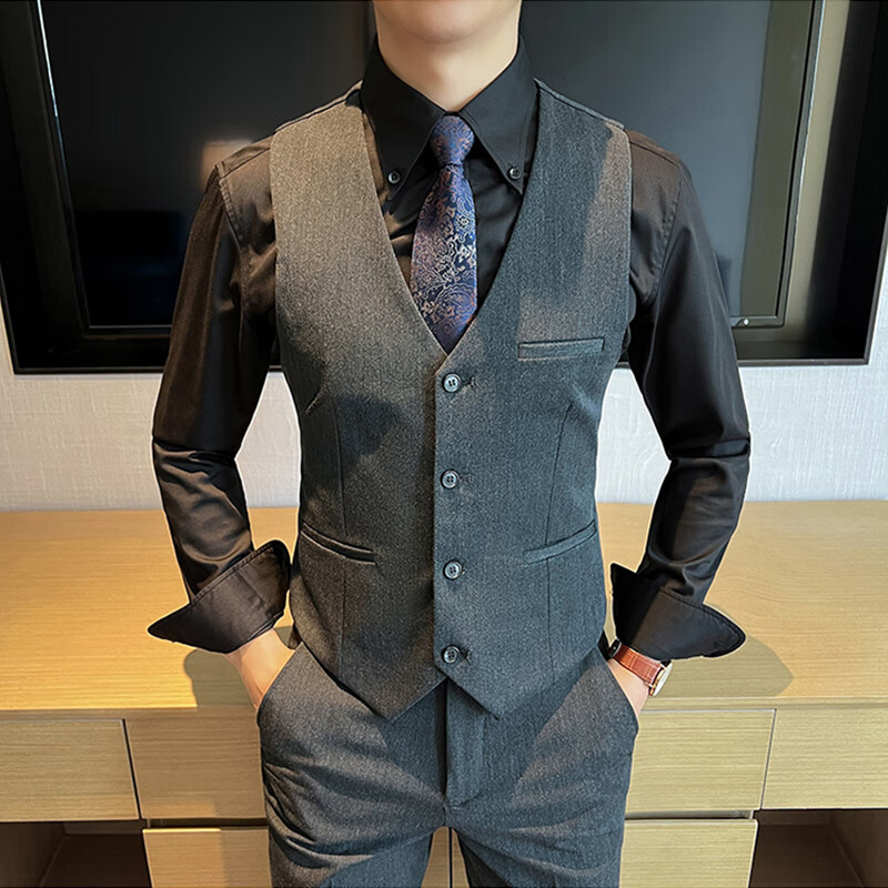 Ayoupang Business Slim Fit Korean Style Vest Wedding Best Man Groom Formal Casual Base Layer Dark Gray Single Vest XL