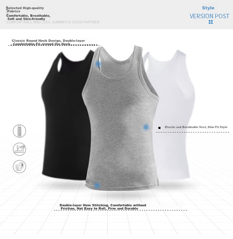 Langsha Men's Tank Top, Pure Cotton Undershirt, Thin Style, 100% Cotton, Athletic Fitness Sleeveless Vest, Ribbed Halter Neckband, 3 Pieces 2
