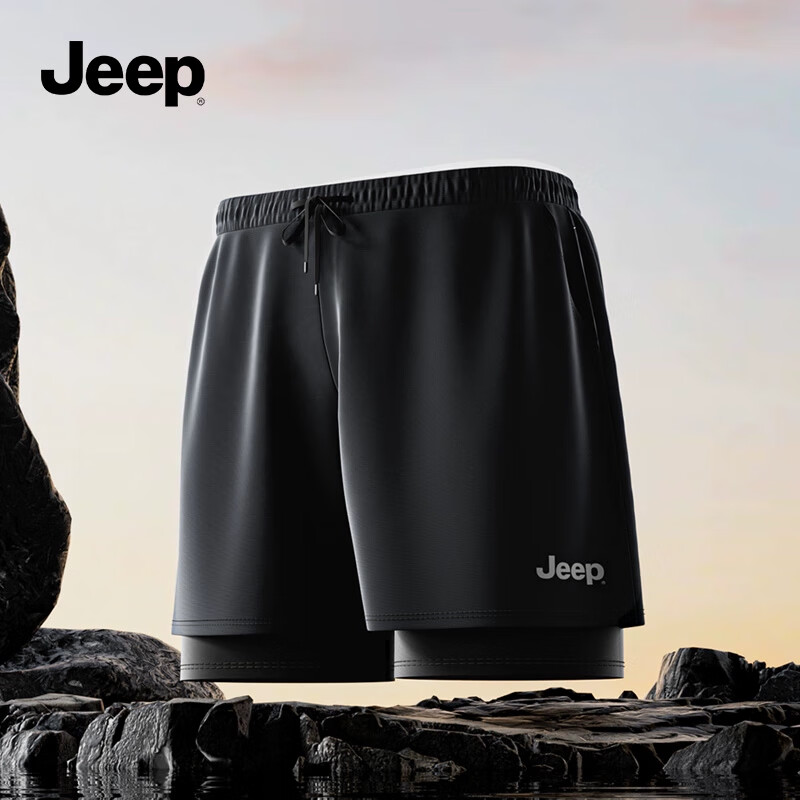 Jeep Men's Double-Layer Swim Trunks, Sun Protection Quick-Dry Fitness Shorts for Hot Springs, Outdoor Beach Swimming Gear, Classic Black, Size M