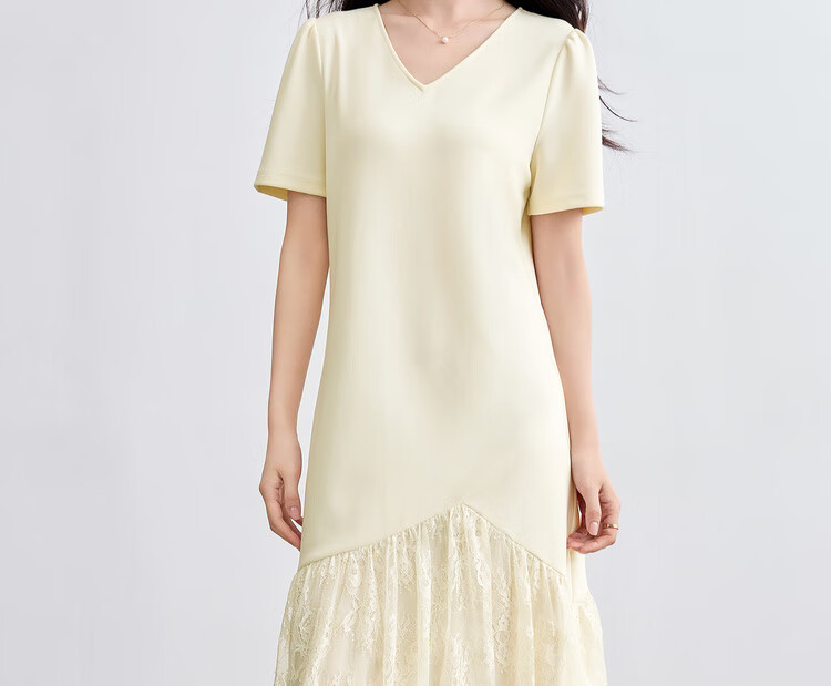 Sentubila V-Neck Patchwork Curved Hem Sequin Embroidered Short Sleeve Dress for Women Summer Elegant Mid-Length Dress 5