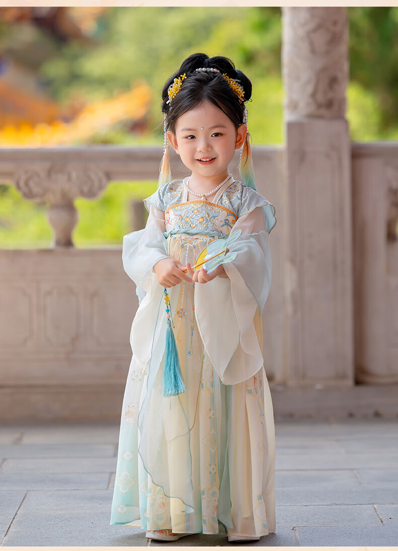 Menghulonglongyue Hanfu Girls' Spring and Autumn Dress New Children's Princess Ru Skirt National Style Dress Yellow Blue 120 15