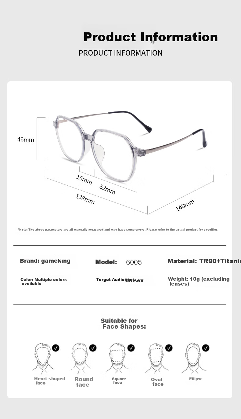 Gameking Blue Light Blocking Glasses, Anti-Radiation, Unisex Non-Prescription Protective Eyewear, Can Be Fitted with Prescription Lenses, Ultra-Light Myopia Glasses Frame, 6005 Translucent Gray 8