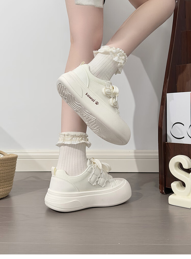RENBEN Cute Velcro White Sneakers for Women, Popular Chunky Shoes, Versatile Canvas Shoes, White (Leather Surface), Size 40 6
