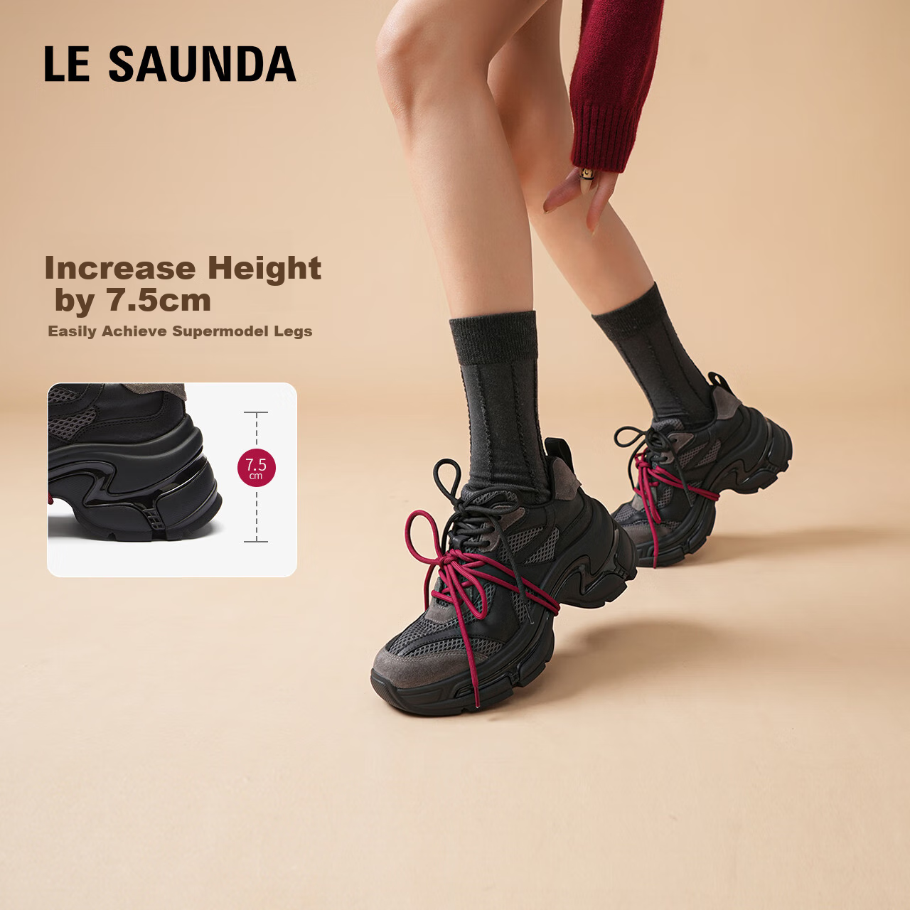 Le Saunda [Desert Stain] Mesh Platform Heightening Dad Sneakers for Women 6M73701, Tile Black BKL, Size 35