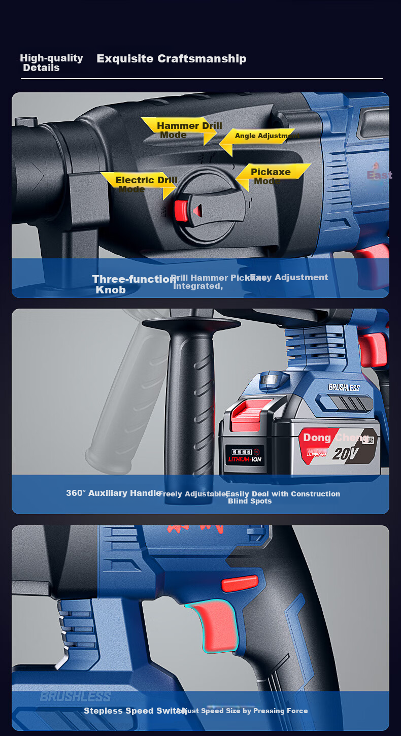 Dongcheng 20V Brushless Lithium-Ion Rotary Hammer Drill, Electric Pick, Electric Drill, Three-In WCKIT16B Angle Grinder, Cutting Machine 7