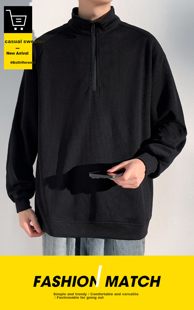 Homlean American-Style High-Quality Hoodie for Men, Autumn Loose-Fit Trendy Pullover Stand-Collar Half-Zip Base Layer HM06 Gray L 1