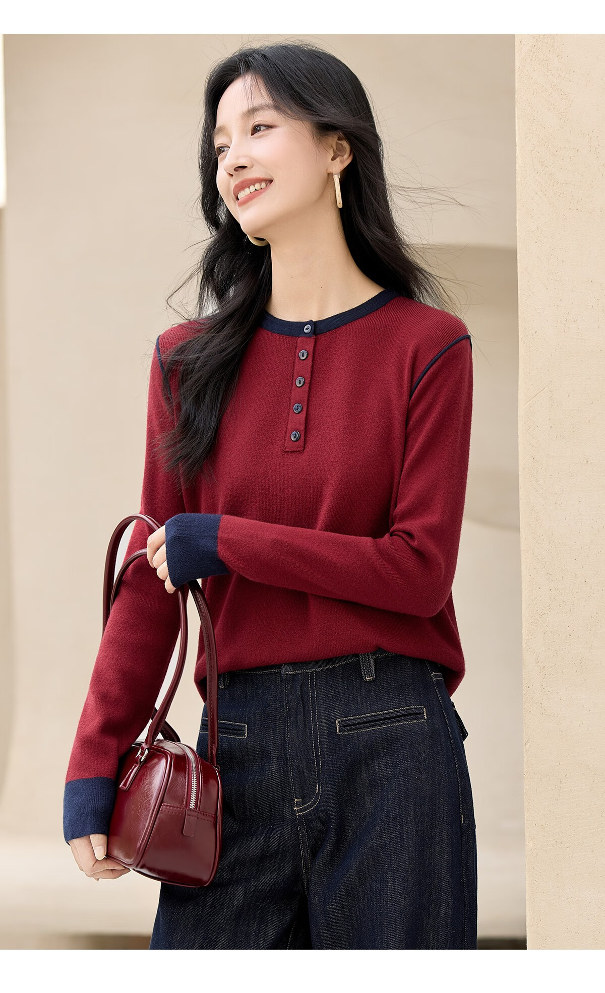 Chushen Spring Autumn Women's Knitwear Fashion Color-Block Round Neck Sweater Base Shirt S53Z030 10