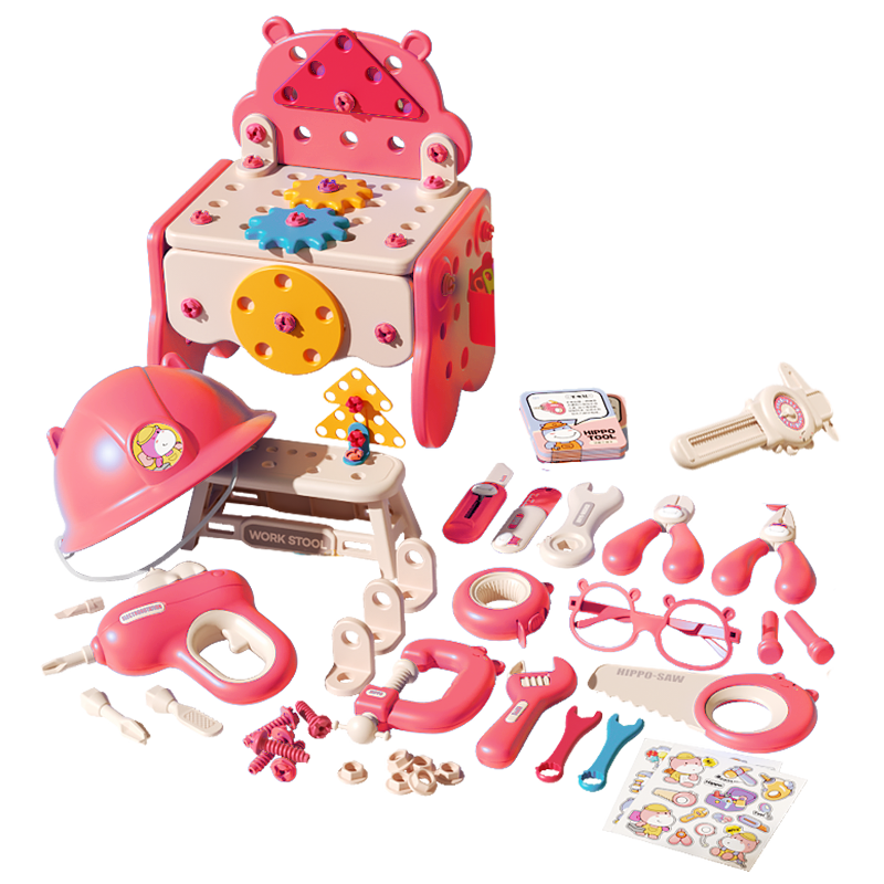 Kuangyeqishi Children's Toy Girl's Toolbox Hippo Screwdriver Nail Repair Assembly Pretend Play Set 3-6 Years Old Birthday Gift