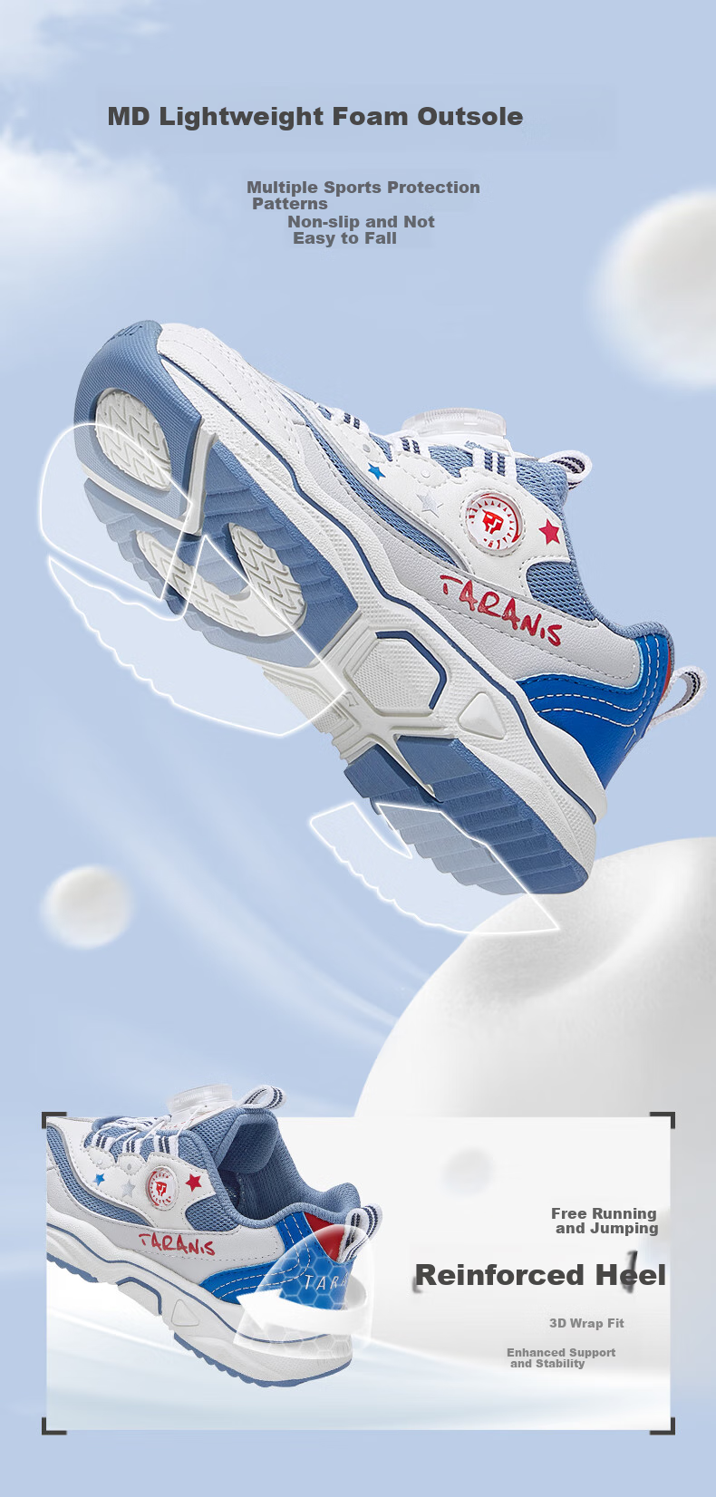 TARANIS Children's Sports Shoes, Spring Anti-Slip Wear-Resistant Boys Running Shoes, Rotary Buckle Girls Dad Shoes, White/blue/red, Size 37 4