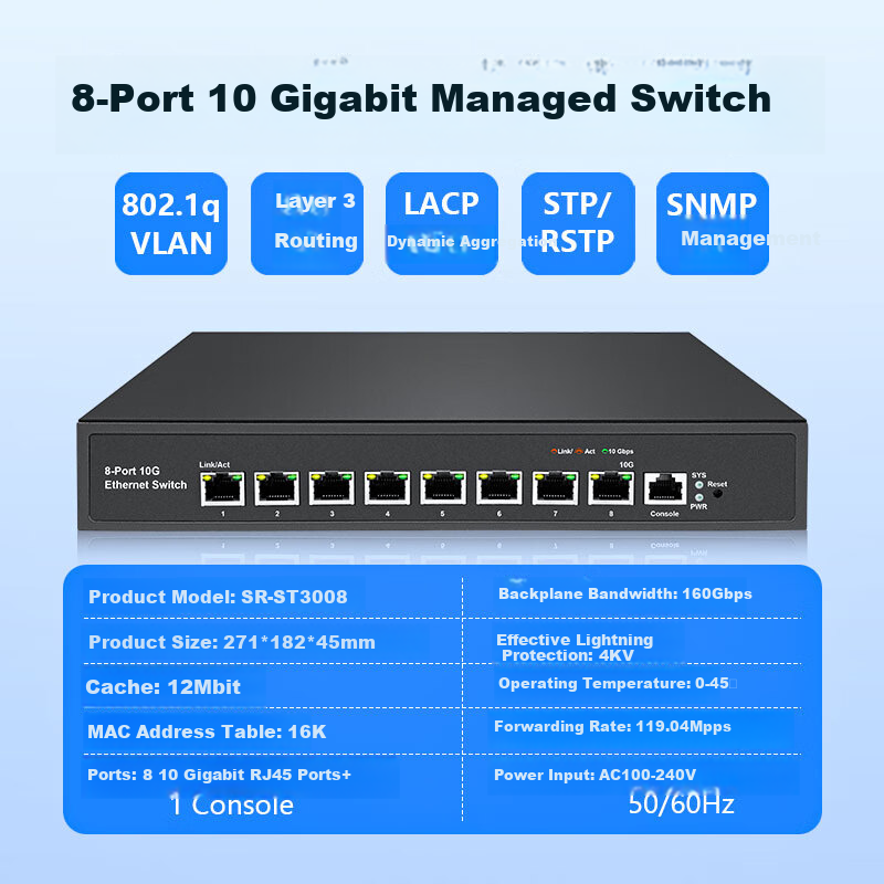 Xiliweishi 8-Port Full 10G Ethernet Switch, Layer 3 Managed, 10G High-Speed Splitter, Network Switch for Home And Enterprise Use, VLAN, LACP Dynamic Aggregation Switch SR-ST3008