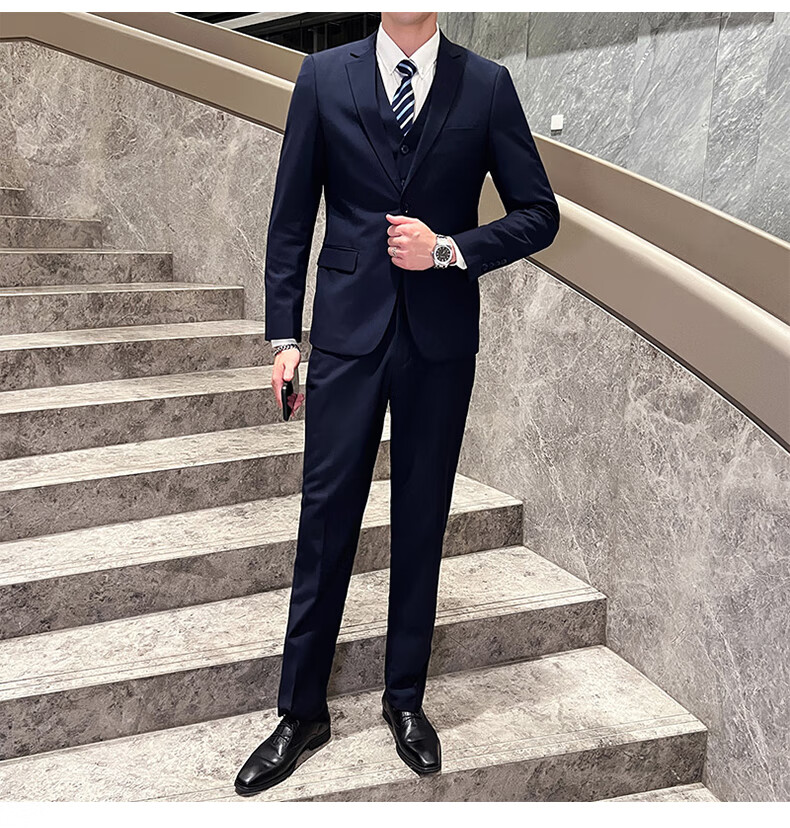 ROMON Men's Business Slim Fit Suit Jacket Formal Wedding Groom Navy Blue L 18