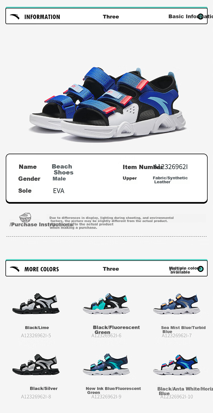 Anta Kids Sports Sandals Girls Big Kids Summer Breathable Velcro Open Toe Beach Shoes A22326962J 19