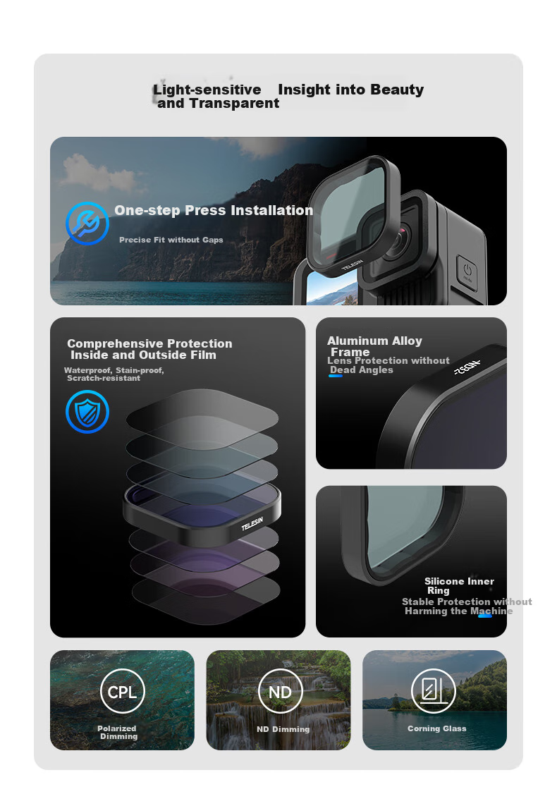 TELESIN Compatible with GoPo13 Filter Set, Including ND Filter, Polarizing Filter, And Sports Camera Filters for GoPro, Including CPL/ND8/ND16/ND32/ND64 2