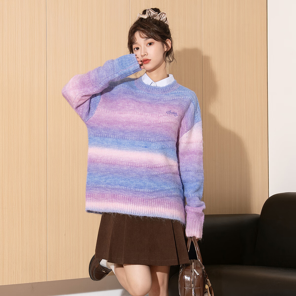 Tangshi 2025 Autumn Winter Women's Gradient Yarn Texture Crew Neck Sweater