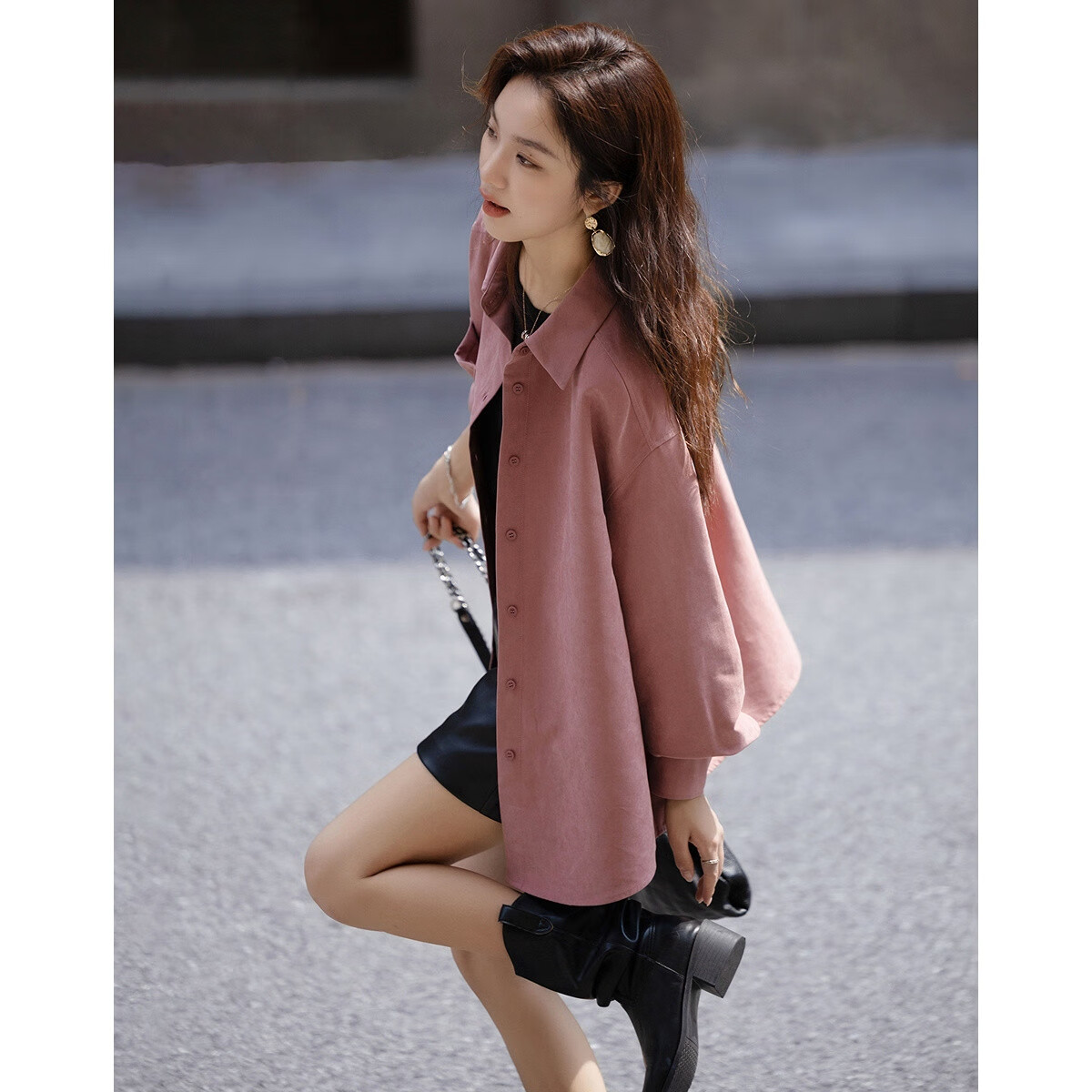 Dme [Shiny Peach Fleece] Autumn Retro Urban Lapel Single-Breasted Shirt Loose Elegant Blouse Women's Top