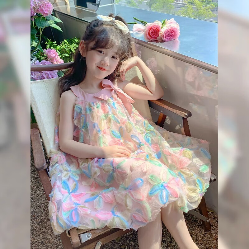 Anneyol Girls 2025 Summer New Trendy Princess Dress Floral Pink Size 110