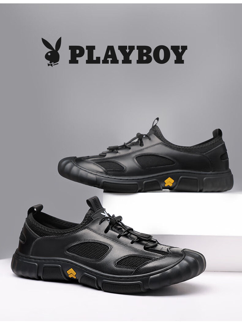 PLAYBOY Men's Shoes, Lightweight Breathable Hollow Business Sandals, Closed-Toe Genuine Leather Middle-Aged Dad Sandals, Dark Brown, Size 38 2