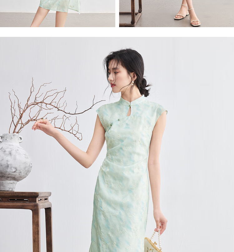 Sentubila Modified Qipao Chinese Style Dress Women Summer Waterdrop Hollow Stand Collar Embroidered New Chinese Waist Slimming Mid-Length Dress 19