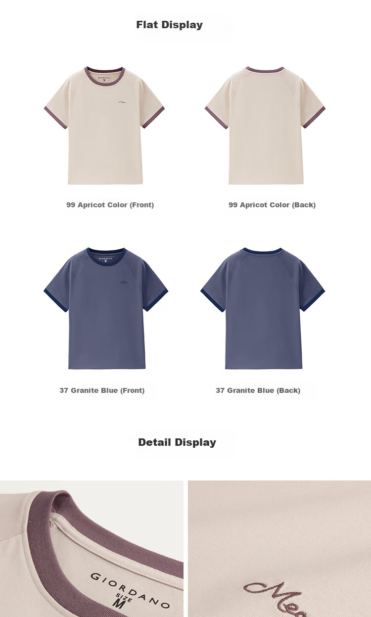 Giordano Comfortable Antibacterial T-Shirt for Women with High-Tech Cooling Embroidery Contrasting Color Round Neck Top 13325221 18