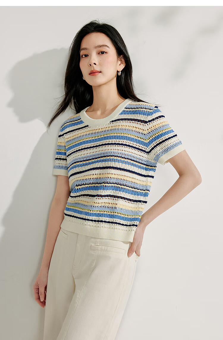 INMAN [Showroom Style] Suoluna Cool-Feeling Striped Short-Sleeve Women's Top, Summer 2026 Knitted Sweater, Yellow, Size L 25