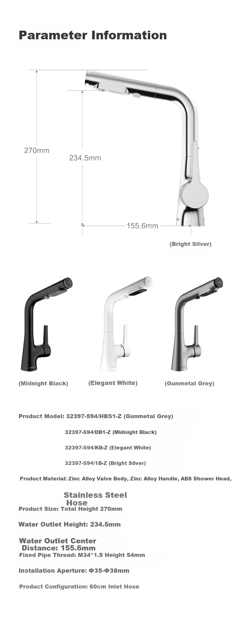 JOMOO Basin Faucet, Multifunctional Pull-Out One-Button Water Stop, Dual Control Hot And Cold Water Outlet, Elegant 32397-594/KB 15