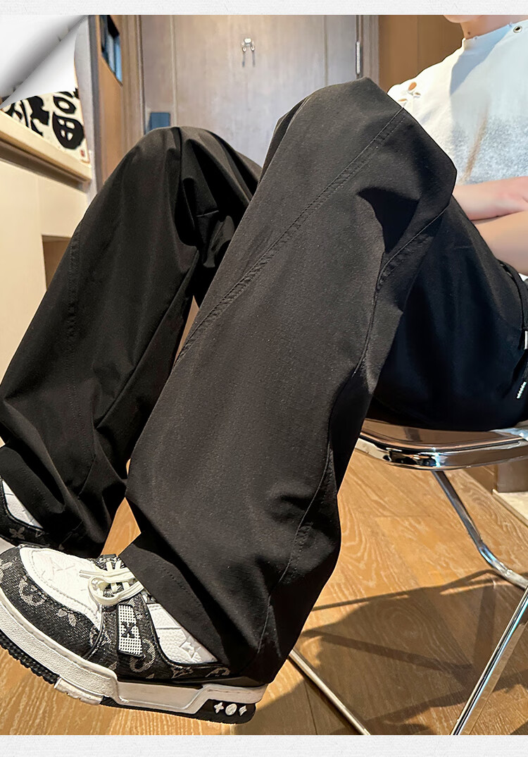 Homlean American-Style Curved Knife Casual Pants for Men, Summer Loose Trendy Wide-Leg Draping Heightening Straight-Leg Trousers GM07 Khaki M 2
