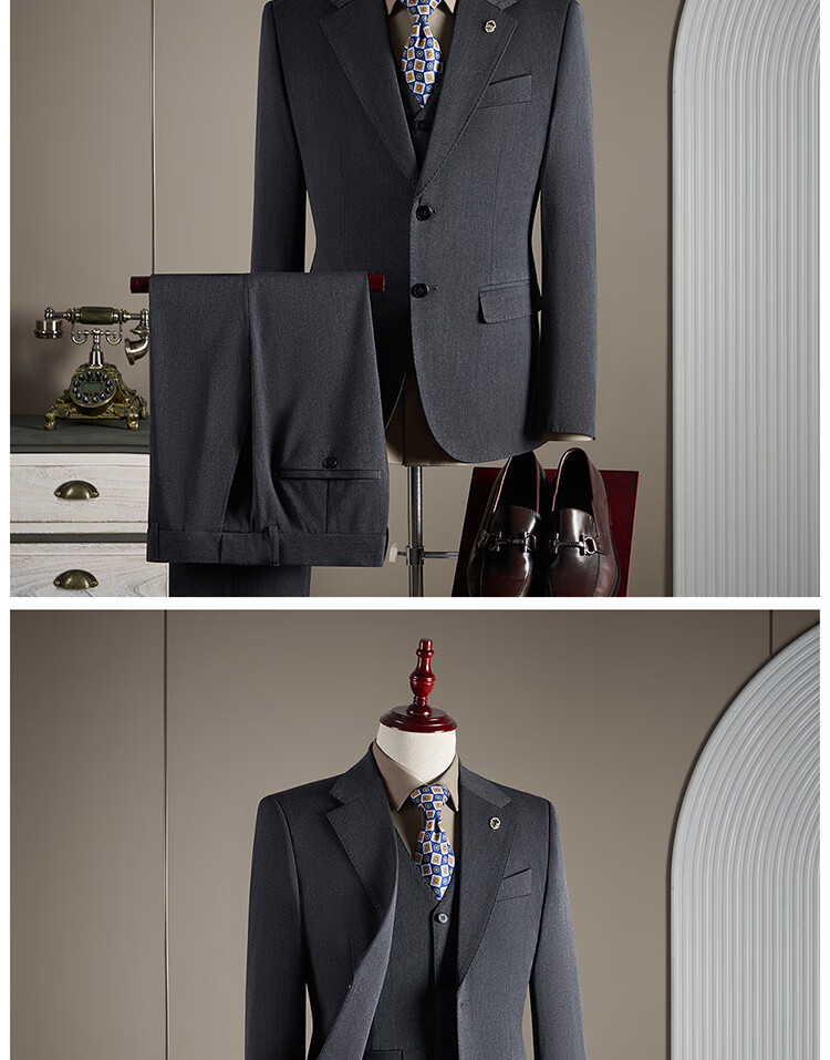 ROMON Wool Suit Set for Men Business Formal Wedding Attire Dark Gray 4XL (Blazer + Vest + Trousers) 10