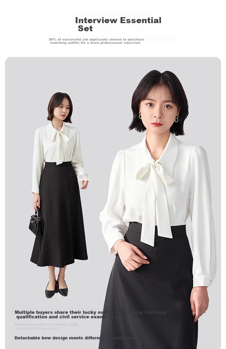 Bodexiaojie White Long-Sleeve Blouse for Women, Ribbon Tie, Professional Commute Top, Wrinkle-Resistant Interview Suit Inner Layer, Chiffon Blouse, XL 15