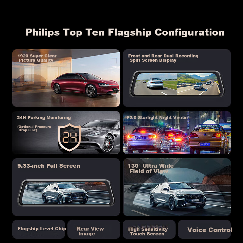 Philips Car Mounted Sports Camera 2K HD Electric Vehicle Car Truck Dash Cam Front and Rear Dual Recording Two-in-One