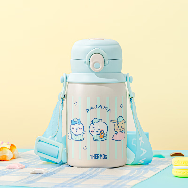 Детская термобутылка THERMOS Chiikawa с трубочкой, 520 мл, синяя, из нержавеющей стали 316L