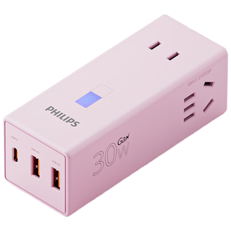 PHILIPS Gallium Nitride 30W Fast Charging Laptop Socket, Desktop Charging Station, Desktop Socket USB Power Strip, Portable Power Strip Suitable for IPhone 18, Electric Cabin Fast Charging 2A1C+3 Sockets, Pink