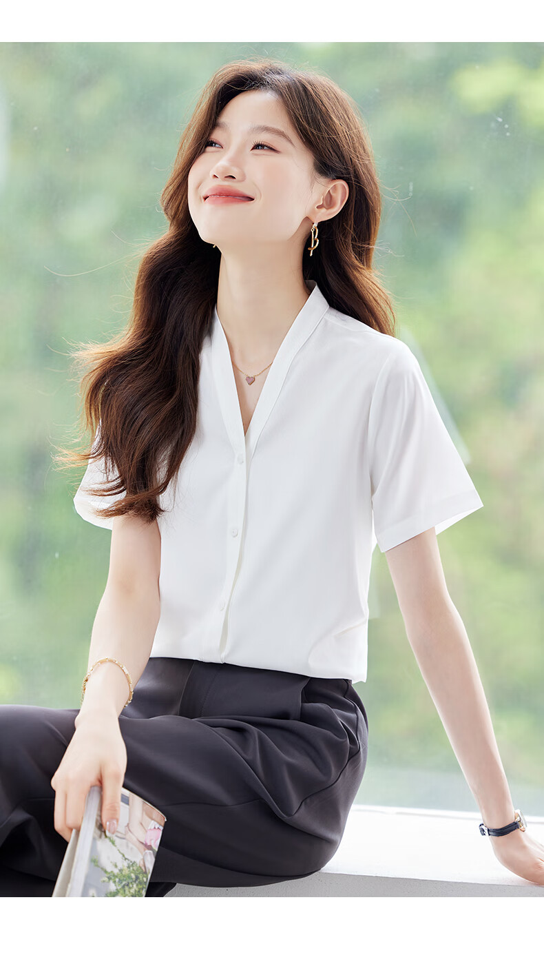 Jeanswest Women's Short Sleeve Shirt Summer Professional Slim Fit High-End Collarless Versatile Top Purple L 13