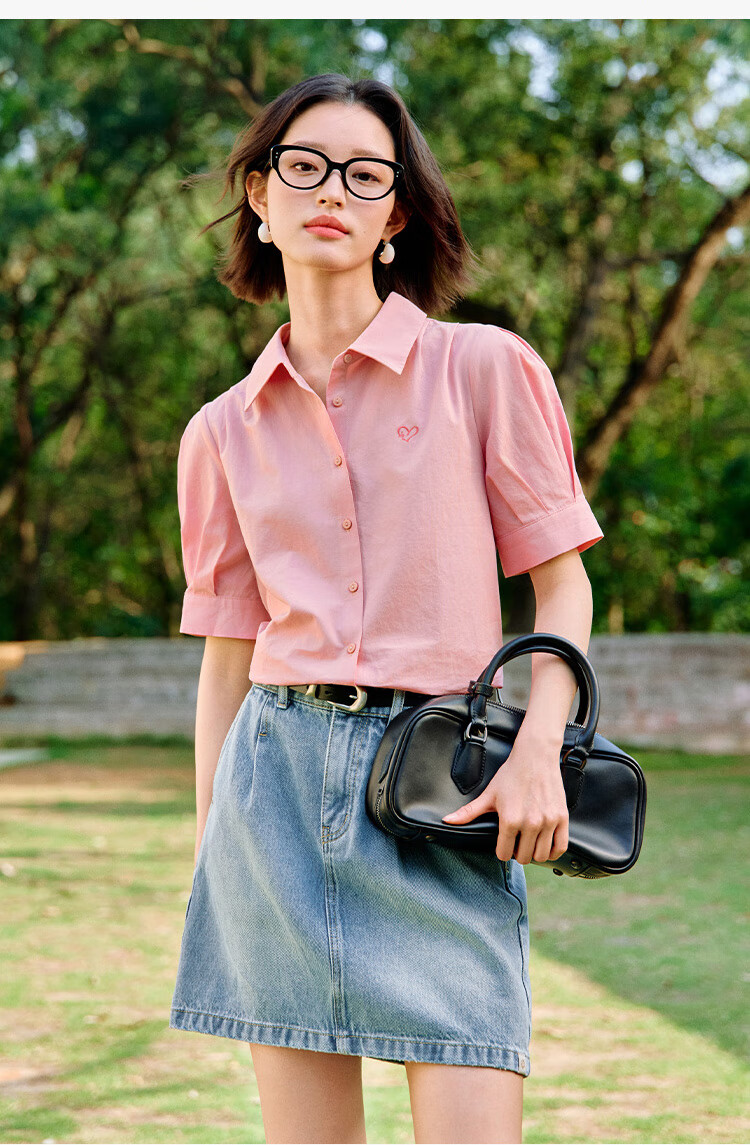 INMAN Commuter Pleated Puff Sleeve Pure Cotton Shirt, Summer Women's Clothing, Turn-Down Collar Embroidered Blouse Top, Light Pink, L 13