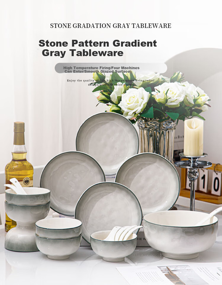 CERAMICS Home Underglaze Simple Ceramic Bowl Plate Dish Dinnerware Set Complete Set Housewarming Gift Smoky Rain Ballad 24 Pieces Mid-Autumn Festival 1