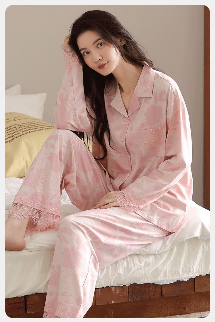 Ordifen Women's 100% Cotton Autumn Winter Long Sleeve Lapel Cardigan Pajamas Pink L 2