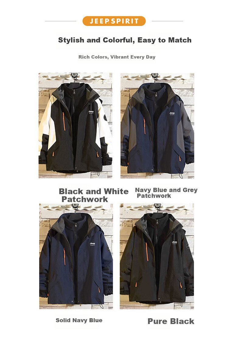 JEEP SPIRIT Men's Spring Jacket, Three-In Detachable Windproof Outerwear, Pure Black, Size M 5