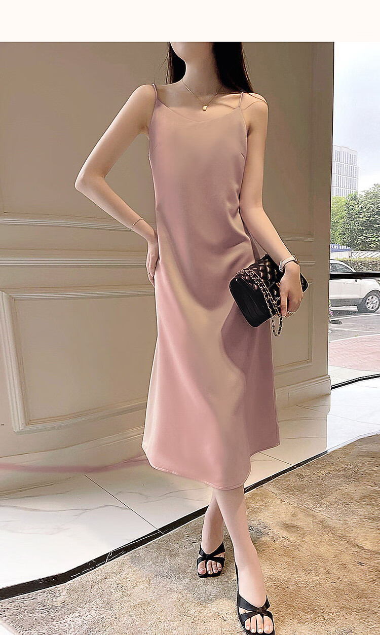 Dme [Glossy Satin Spaghetti Strap Dress], Elegant X-Shaped Spaghetti Strap Midi Dress for Women, Spring And Summer 8