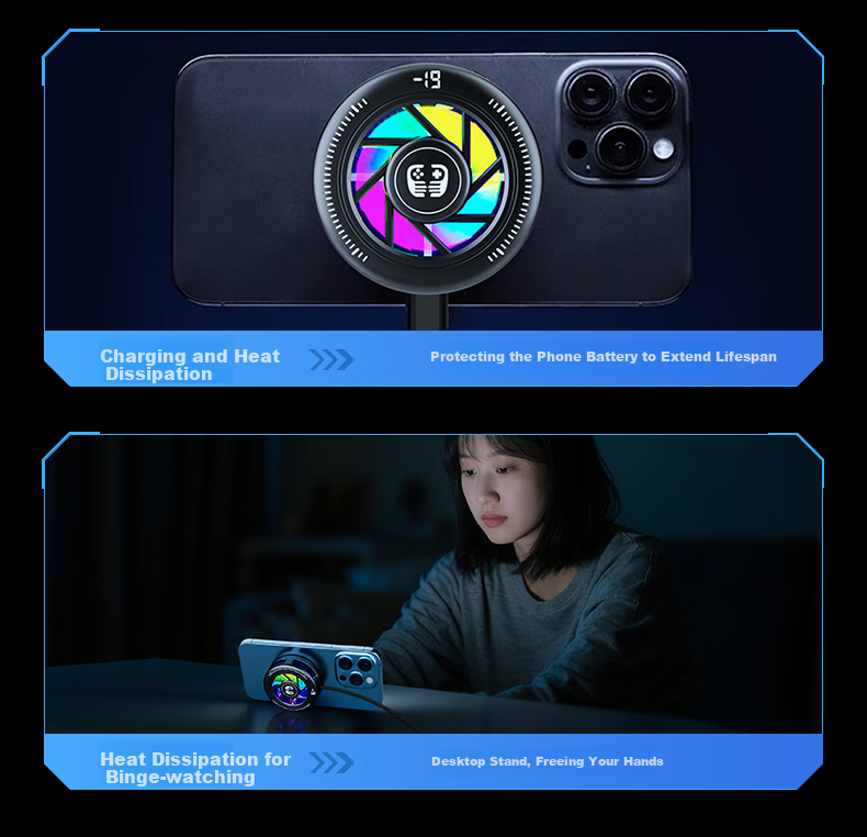 WITGOER [Three-In Phone Cooler] Wireless Charging Cooling Magnetic Flat Gaming Phone Stand Clip for E-Sports Live Streaming Semiconductor Cooling Compatible with Apple 55