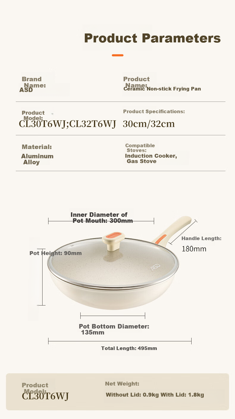 ASD Wok, Ceramic Non-Stick Frying Pan, Crystal Stone Flat Bottom Skillet, 32cm, Compatible with Gas And Induction Stoves, CL32T6WJ 13