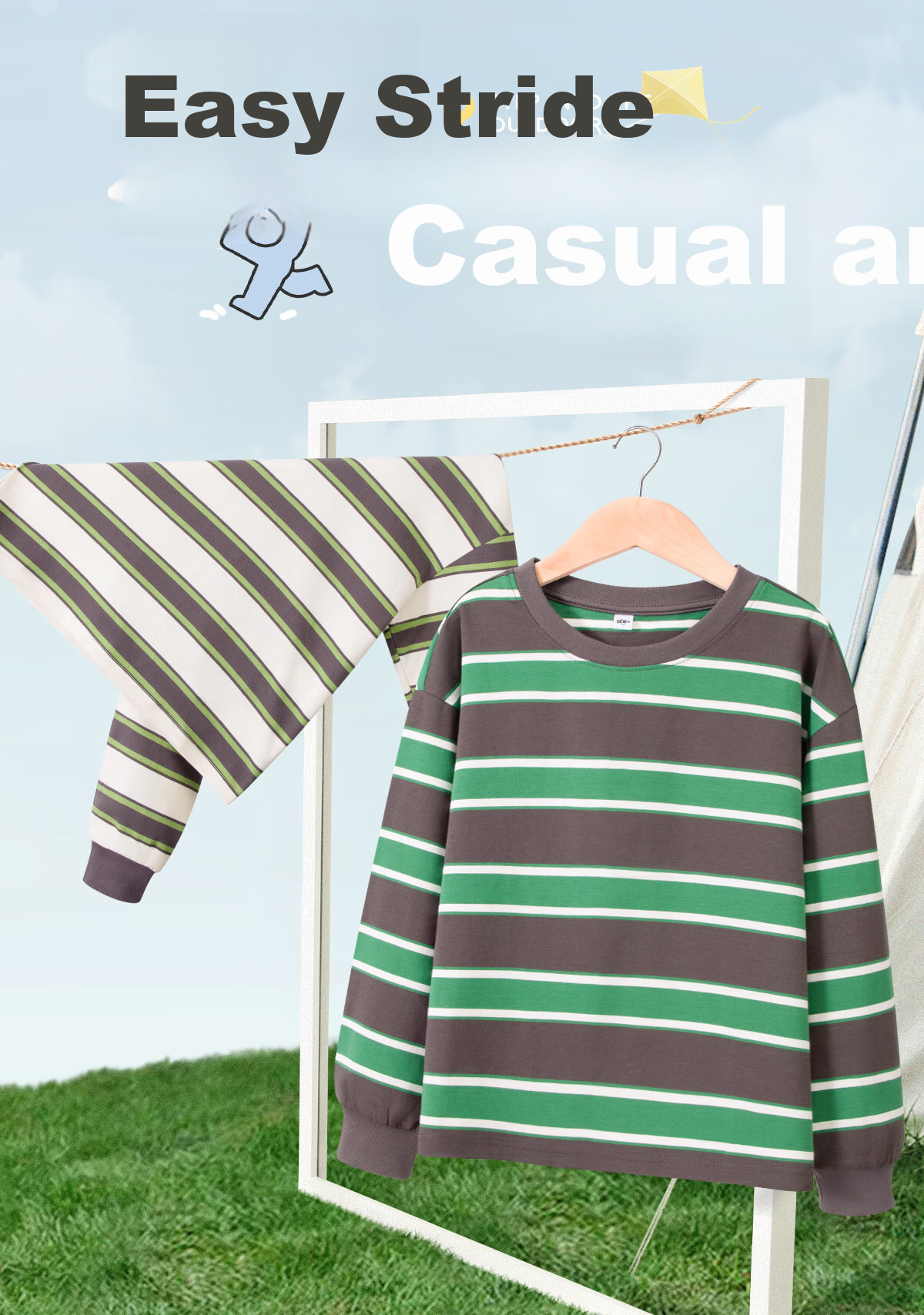TonLion Boys' Long-Sleeve T-Shirt, Spring And Autumn Thin Style, Casual Top for Older Children, Spring Striped Undershirt, Apricot Green, Size 160 2