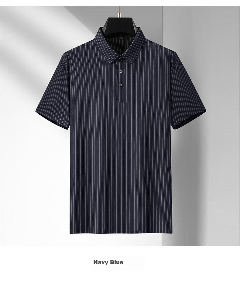 Ayoupang Summer Short-Sleeve Ice Silk Plus-Size Polo Shirt, Business Striped Loose Elastic T-Shirt for Men, Navy Blue, XL 8