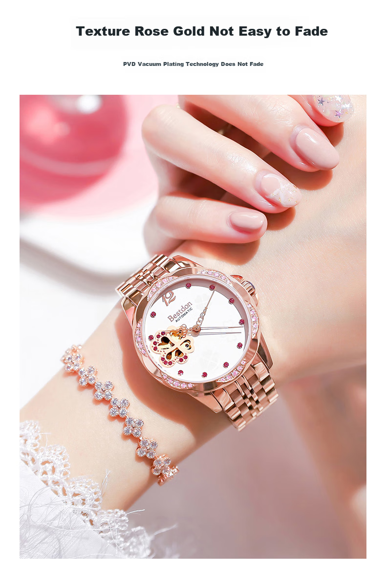 Bestdon Women's Mechanical Watch, Skeleton Four-Leaf Clover with Diamond Inlay Wristwatch Gift Box for Women, Present for Goddess 7
