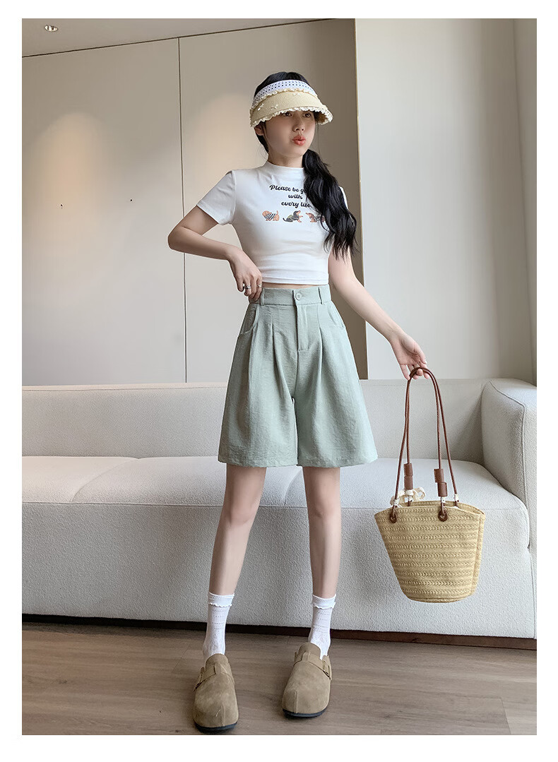 LangSha Milk Puff Suit Shorts for Women, Ice Silk Summer New High-Waist Loose Casual Mid-Length Pants, Relaxed Loose-Fitting Five-Point Shorts 33