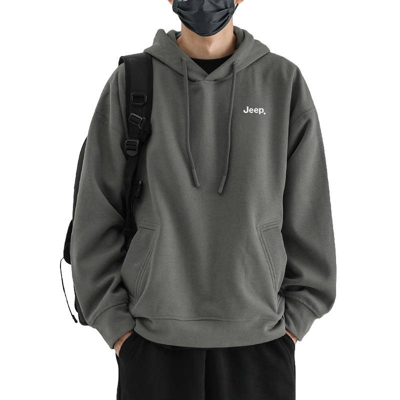 JEEP Men's Hoodie, Spring And Autumn Loose-Fitting Long-Sleeve T-Shirt, Men's Top Clothing, Volcanic Ash Gray, Size L