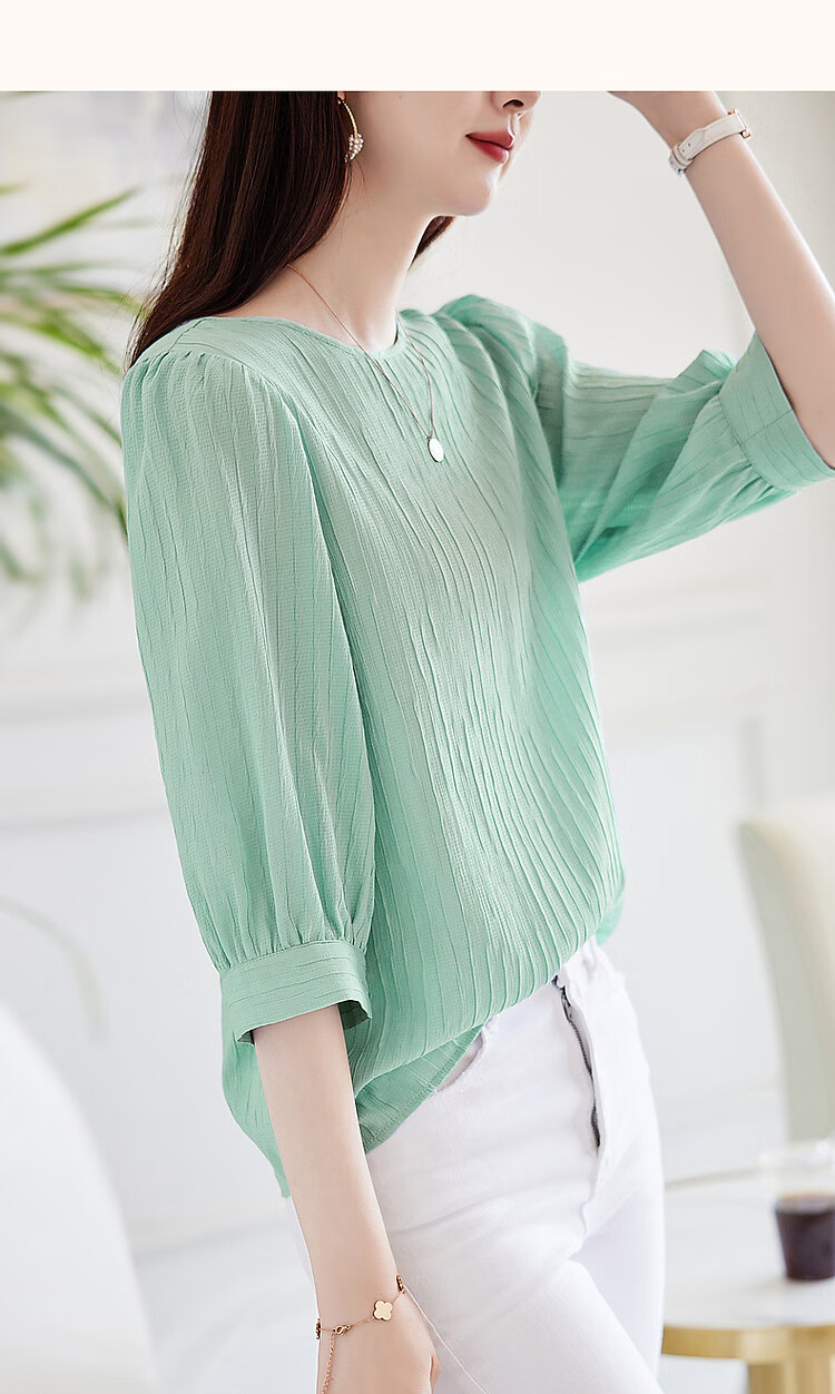 Demana French Texture Shirt Summer Commuter Round Neck Lantern Sleeve Blouse Women's Top 13